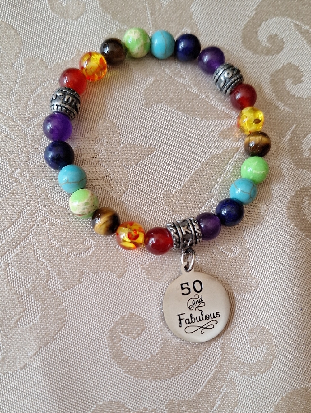 Multicolor Beaded Bracelet with '50 and Fabulous' Charm